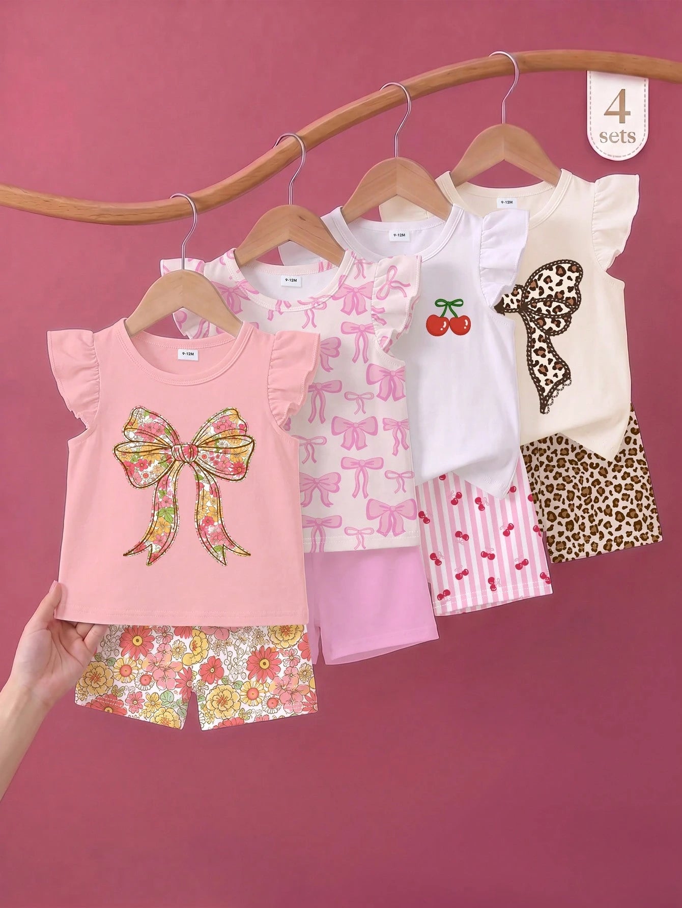 Souflis Souflis 4 Sets Baby Girl Floral & Bow T-Shirt Paired With Floral Print Shorts, Pink Bow T-Shirt Paired With Solid Shorts, Cherry Print T-Shirt Paired With Striped Shorts, Leopard Bow Print T-S