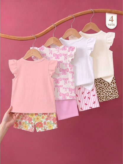Souflis Souflis 4 Sets Baby Girl Floral & Bow T-Shirt Paired With Floral Print Shorts, Pink Bow T-Shirt Paired With Solid Shorts, Cherry Print T-Shirt Paired With Striped Shorts, Leopard Bow Print T-S