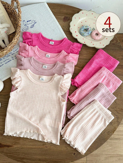 Souflis Souflis 4 Sets Baby Girl Floral & Bow T-Shirt Paired With Floral Print Shorts, Pink Bow T-Shirt Paired With Solid Shorts, Cherry Print T-Shirt Paired With Striped Shorts, Leopard Bow Print T-S