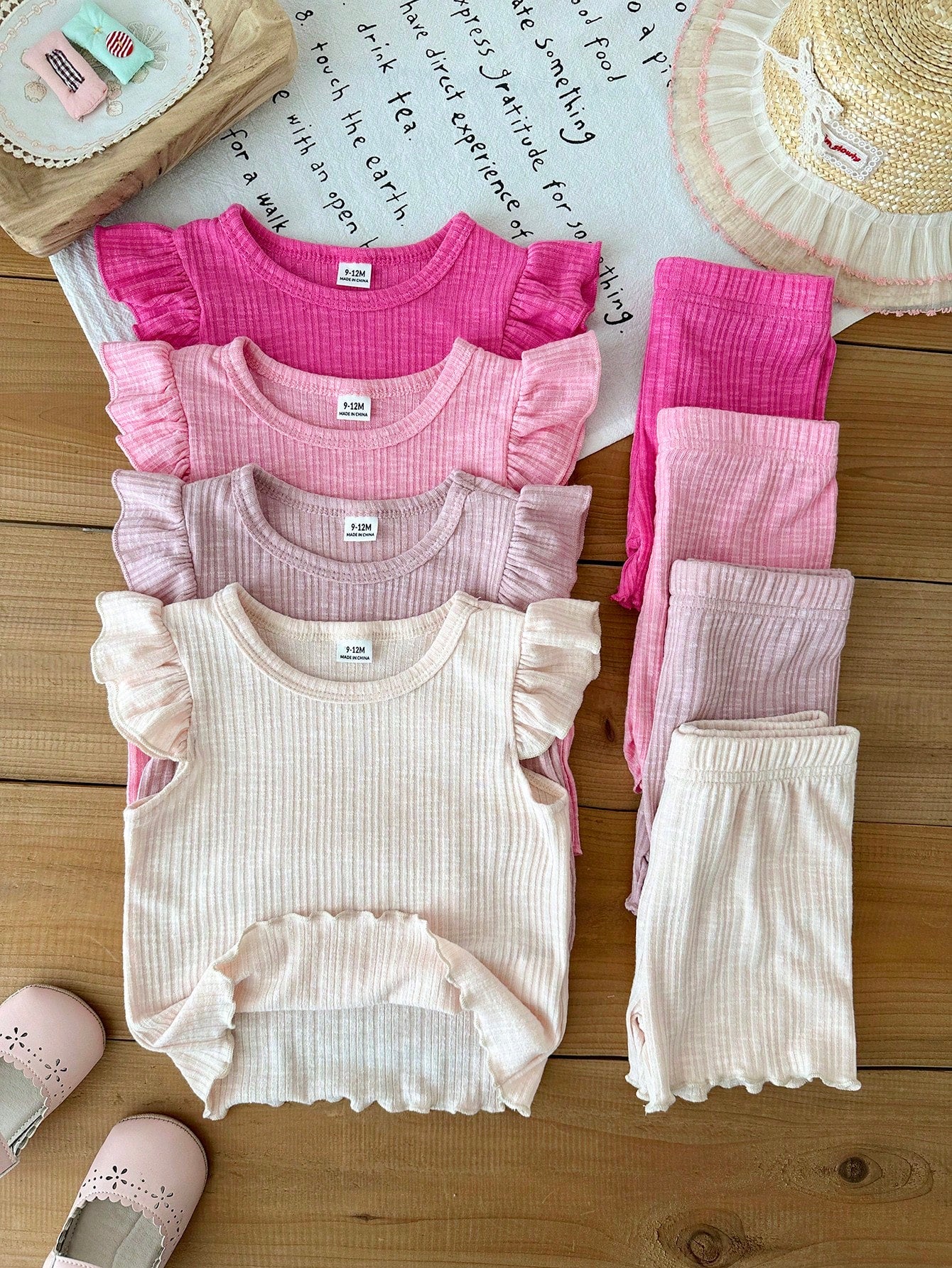 Souflis Souflis 4 Sets Baby Girl Floral & Bow T-Shirt Paired With Floral Print Shorts, Pink Bow T-Shirt Paired With Solid Shorts, Cherry Print T-Shirt Paired With Striped Shorts, Leopard Bow Print T-S