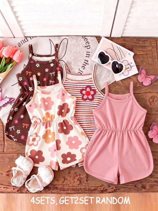 Souflis Souflis 4 Styles Choose 2 Randomly Shipped 2 Pieces, This Cute Girls' Sleeveless Jumpsuit Comes In Four Colors, Soft Fabric, Comfortable And Skin-Friendly For Summer Wear.
