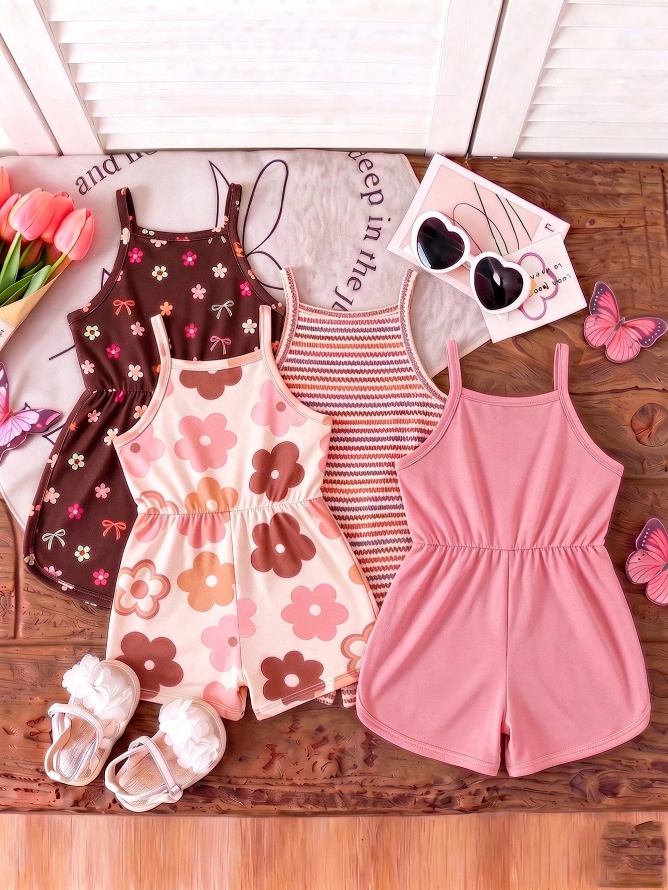 Souflis Souflis 4 Styles Choose 2 Randomly Shipped 2 Pieces, This Cute Girls' Sleeveless Jumpsuit Comes In Four Colors, Soft Fabric, Comfortable And Skin-Friendly For Summer Wear.