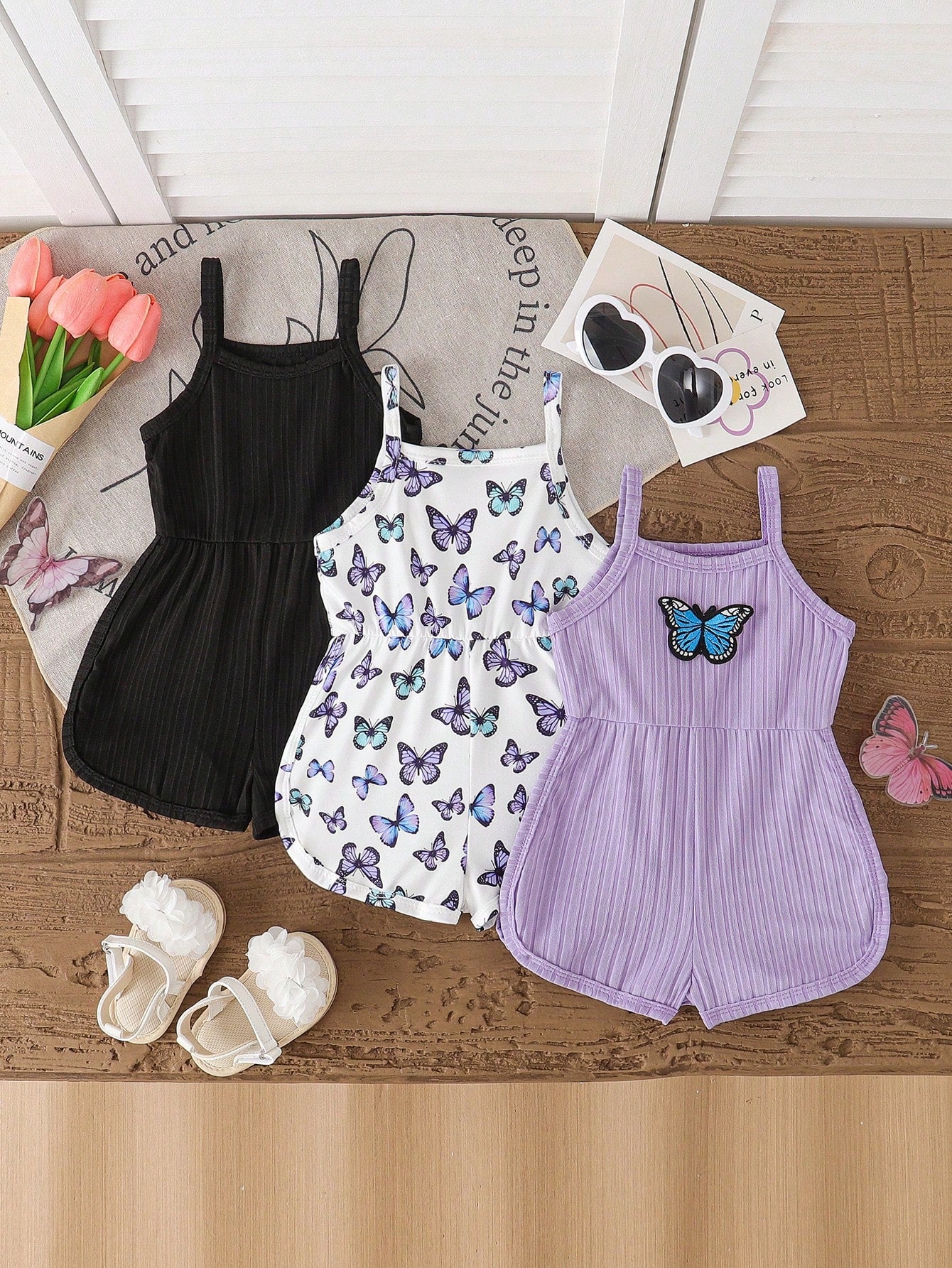Souflis Souflis 4 Styles Choose 2 Randomly Shipped 2 Pieces, This Cute Girls' Sleeveless Jumpsuit Comes In Four Colors, Soft Fabric, Comfortable And Skin-Friendly For Summer Wear.