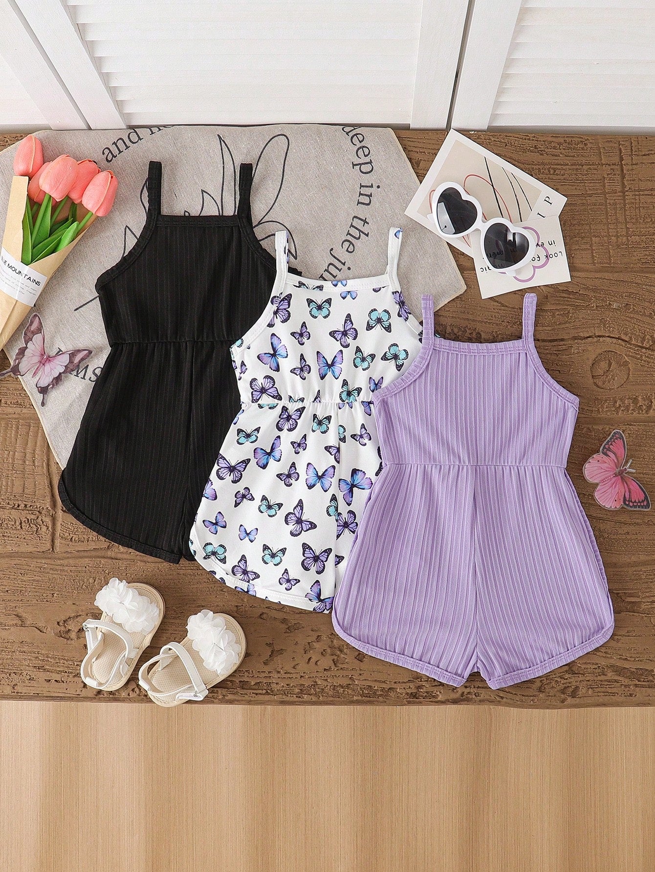 Souflis Souflis 4 Styles Choose 2 Randomly Shipped 2 Pieces, This Cute Girls' Sleeveless Jumpsuit Comes In Four Colors, Soft Fabric, Comfortable And Skin-Friendly For Summer Wear.