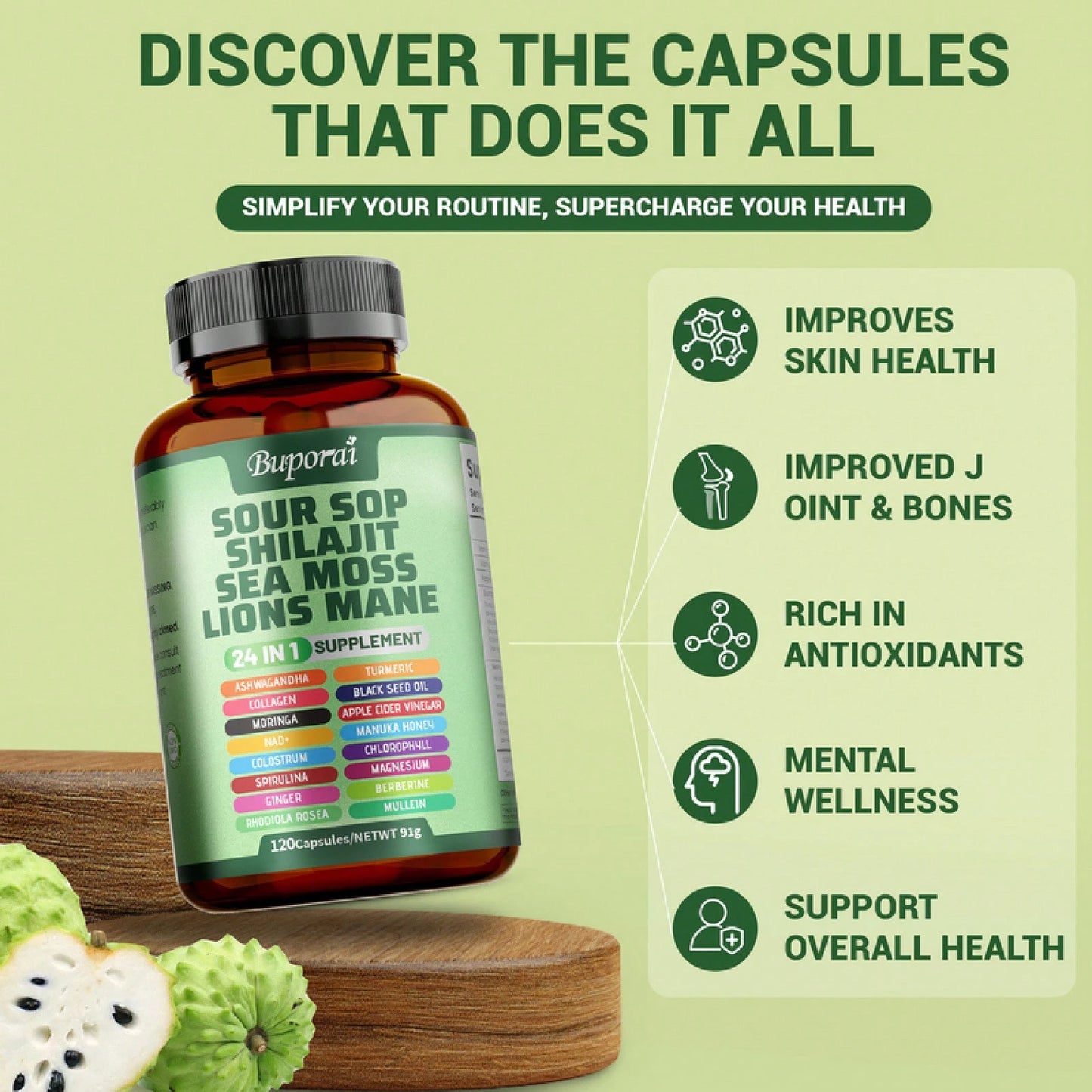 Soursop Shilajit Sea Moss Lion'S Mane- Improve Skin Health,Joint&Amp; Bone Health