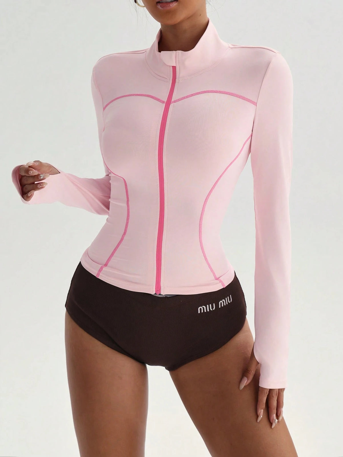 Sovereign Charm Women's Hot Pink Athleisure Sports Jacket,Tight-Fitting Stand Collar,Contrast Color Drawstring,Thumb Hole,Running Yoga Gym Summer Zipper Workout Top