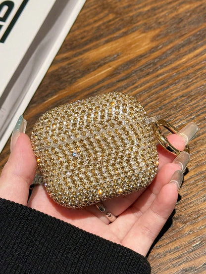 Sparkly Glitter Shockproof Bling Glitter 1pc Shallow Gold Glass Rhinestone Earphone Case Compatible With Apple 1/2/3, PC Hard Shell Bling Protective Cover Compatible With Airpods Pro/Pro 2 Shockproof