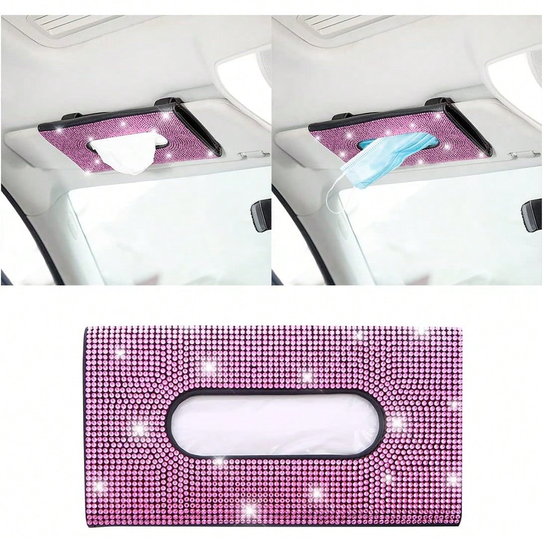 Sparkly Rhinestone Car Visor Tissue Holder, PU Leather Sun Visor Mask & Wipes Organizer, Bling Car Interior Accessories, Pink