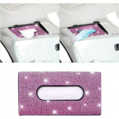 Sparkly Rhinestone Car Visor Tissue Holder, PU Leather Sun Visor Mask & Wipes Organizer, Bling Car Interior Accessories, Pink