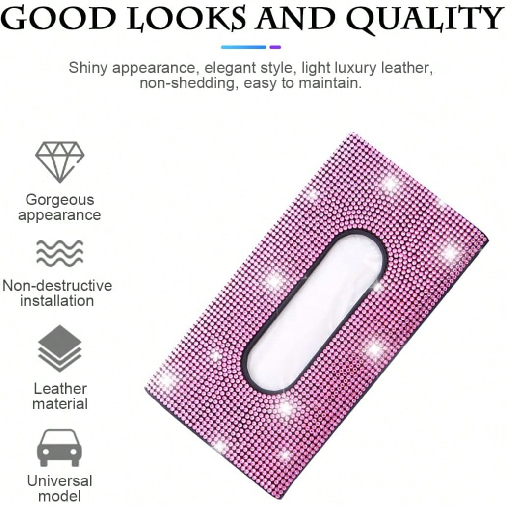 Sparkly Rhinestone Car Visor Tissue Holder, PU Leather Sun Visor Mask & Wipes Organizer, Bling Car Interior Accessories, Pink