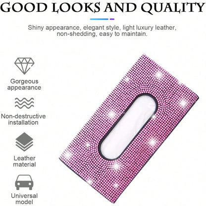 Sparkly Rhinestone Car Visor Tissue Holder, PU Leather Sun Visor Mask & Wipes Organizer, Bling Car Interior Accessories, Pink