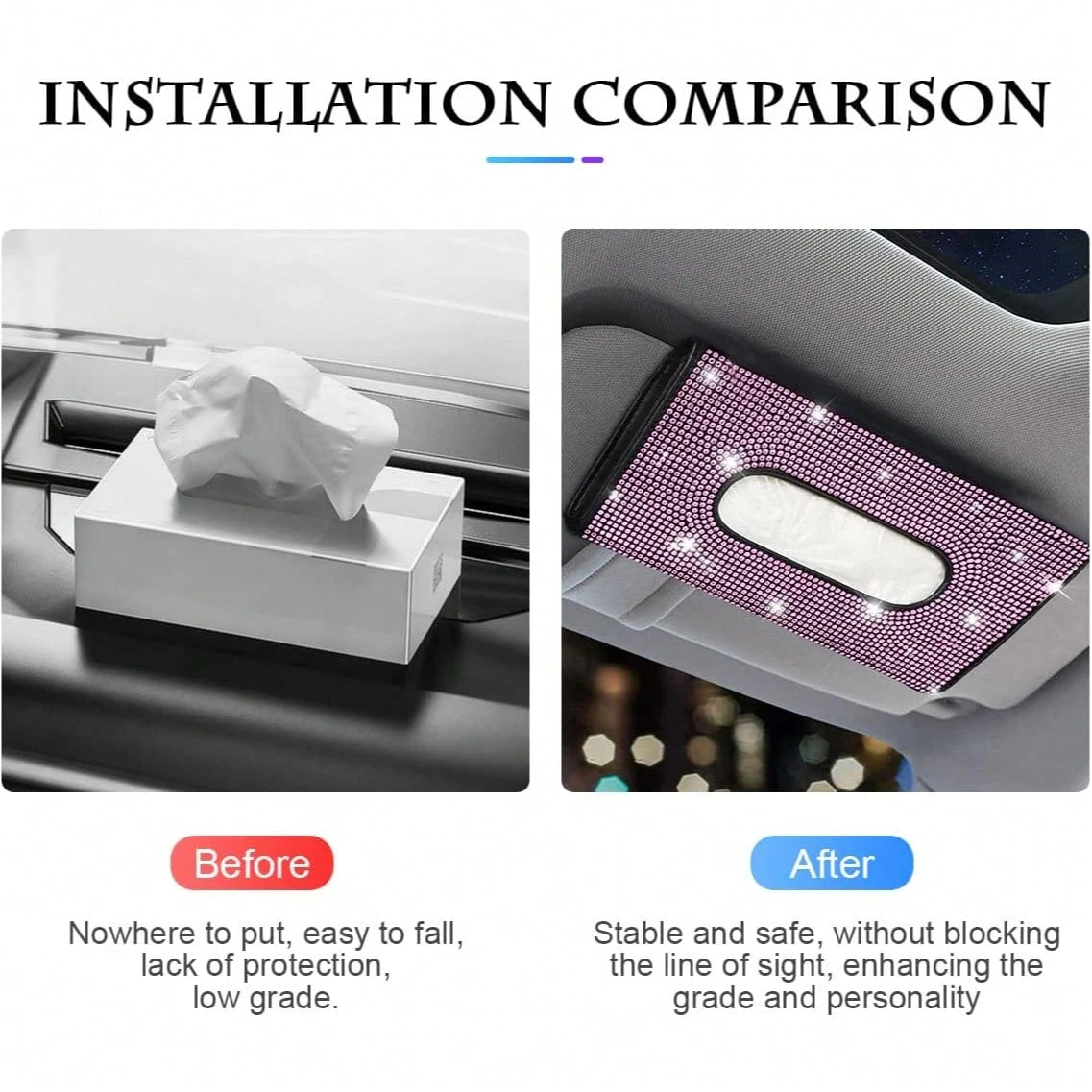 Sparkly Rhinestone Car Visor Tissue Holder, PU Leather Sun Visor Mask & Wipes Organizer, Bling Car Interior Accessories, Pink