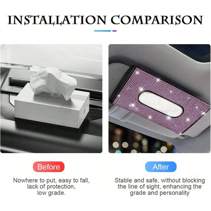 Sparkly Rhinestone Car Visor Tissue Holder, PU Leather Sun Visor Mask & Wipes Organizer, Bling Car Interior Accessories, Pink