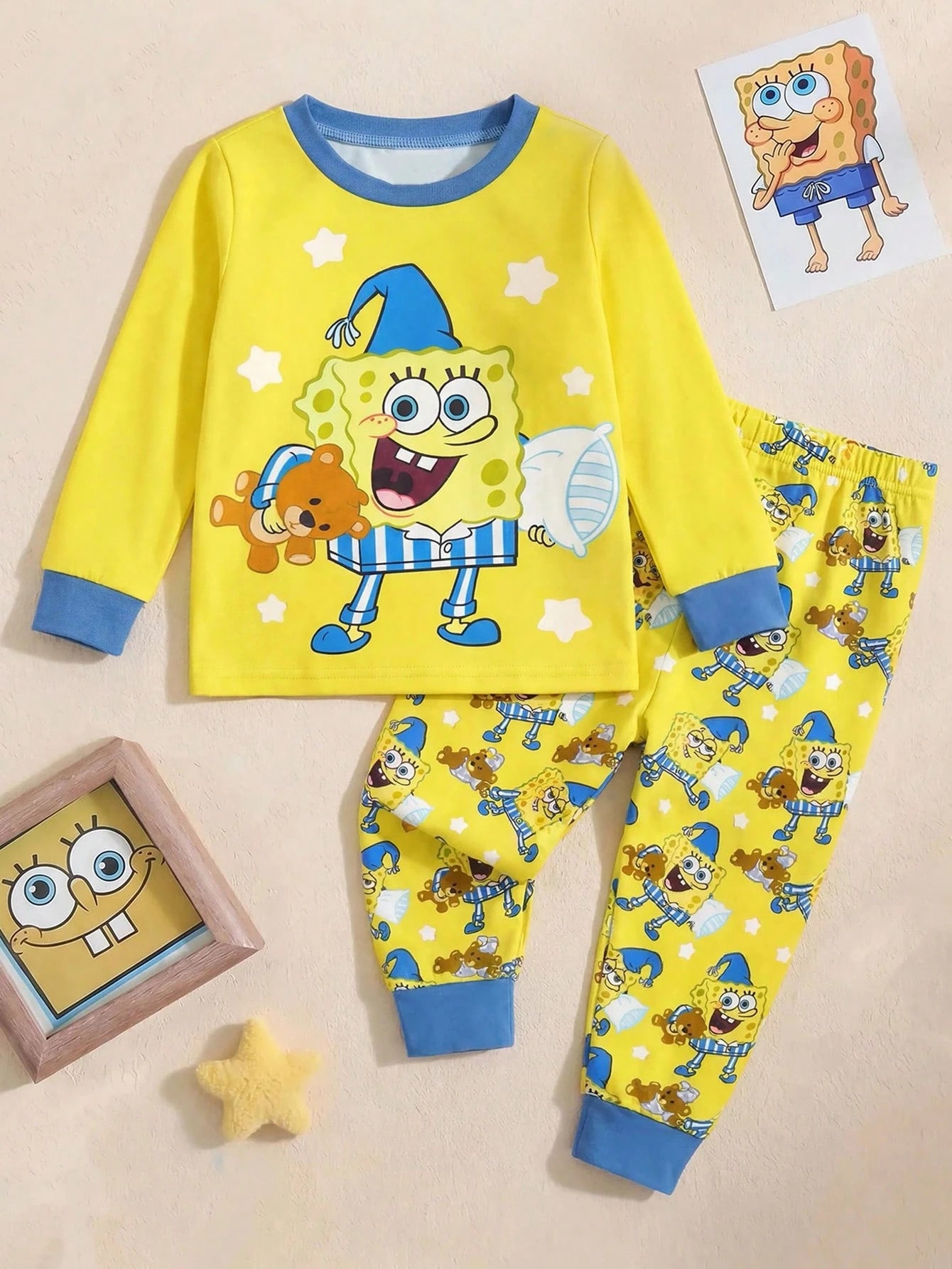 SpongeBob SquarePants| 2pcs Baby Boy Cartoon Pattern Crew Neck Long Sleeve Top And Pants Knit Comfortable Stretchy Snug Fit Pajama Set