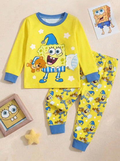 SpongeBob SquarePants| 2pcs Baby Boy Cartoon Pattern Crew Neck Long Sleeve Top And Pants Knit Comfortable Stretchy Snug Fit Pajama Set