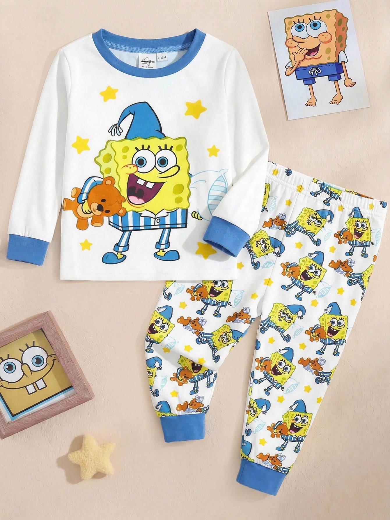 SpongeBob SquarePants| 2pcs Baby Boy Cartoon Pattern Crew Neck Long Sleeve Top And Pants Knit Comfortable Casual Stretchy Pajama Set