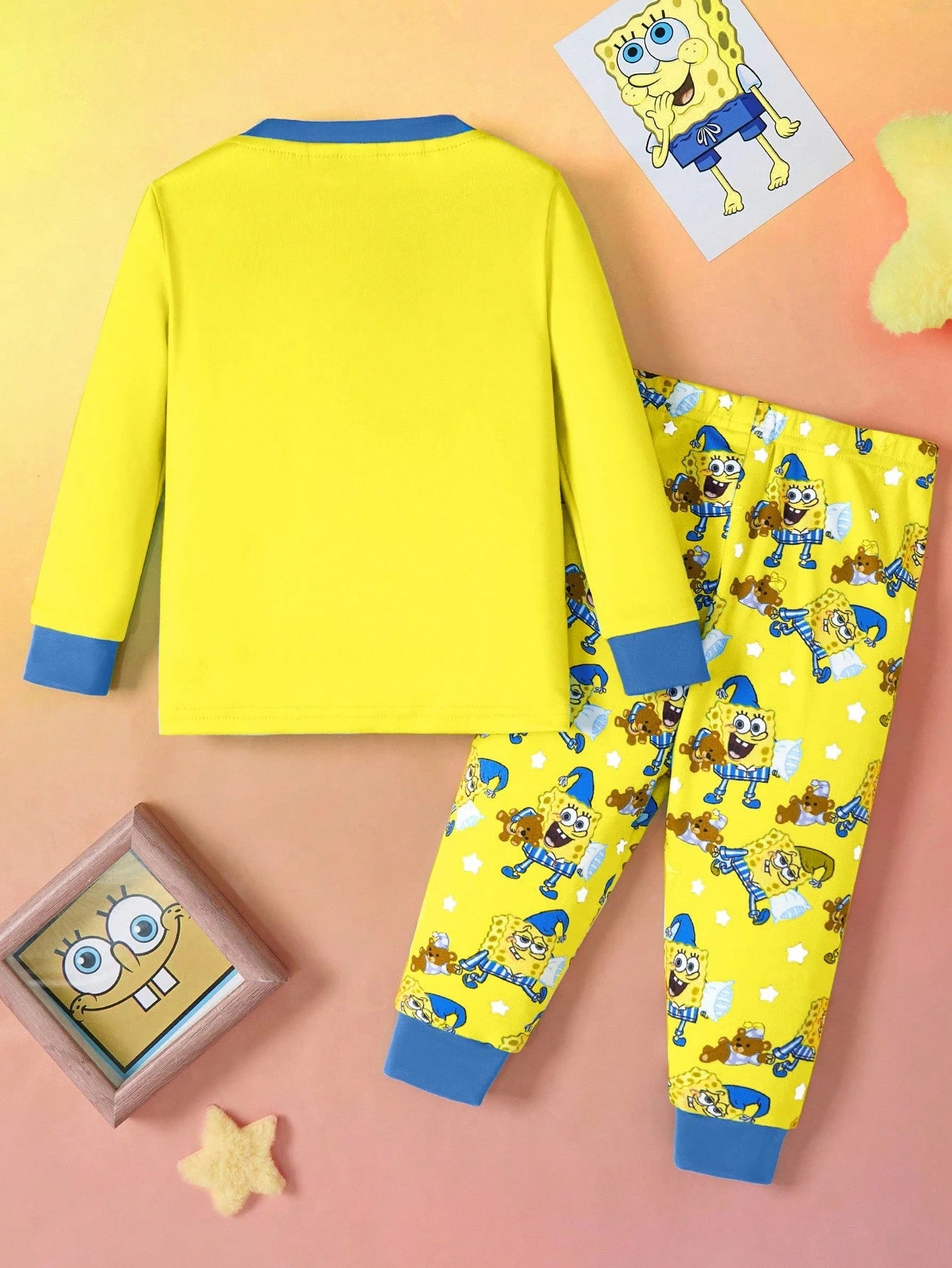 SpongeBob SquarePants| 2pcs Baby Boy Cartoon Pattern Crew Neck Long Sleeve Top And Pants Knit Comfortable Stretchy Snug Fit Pajama Set