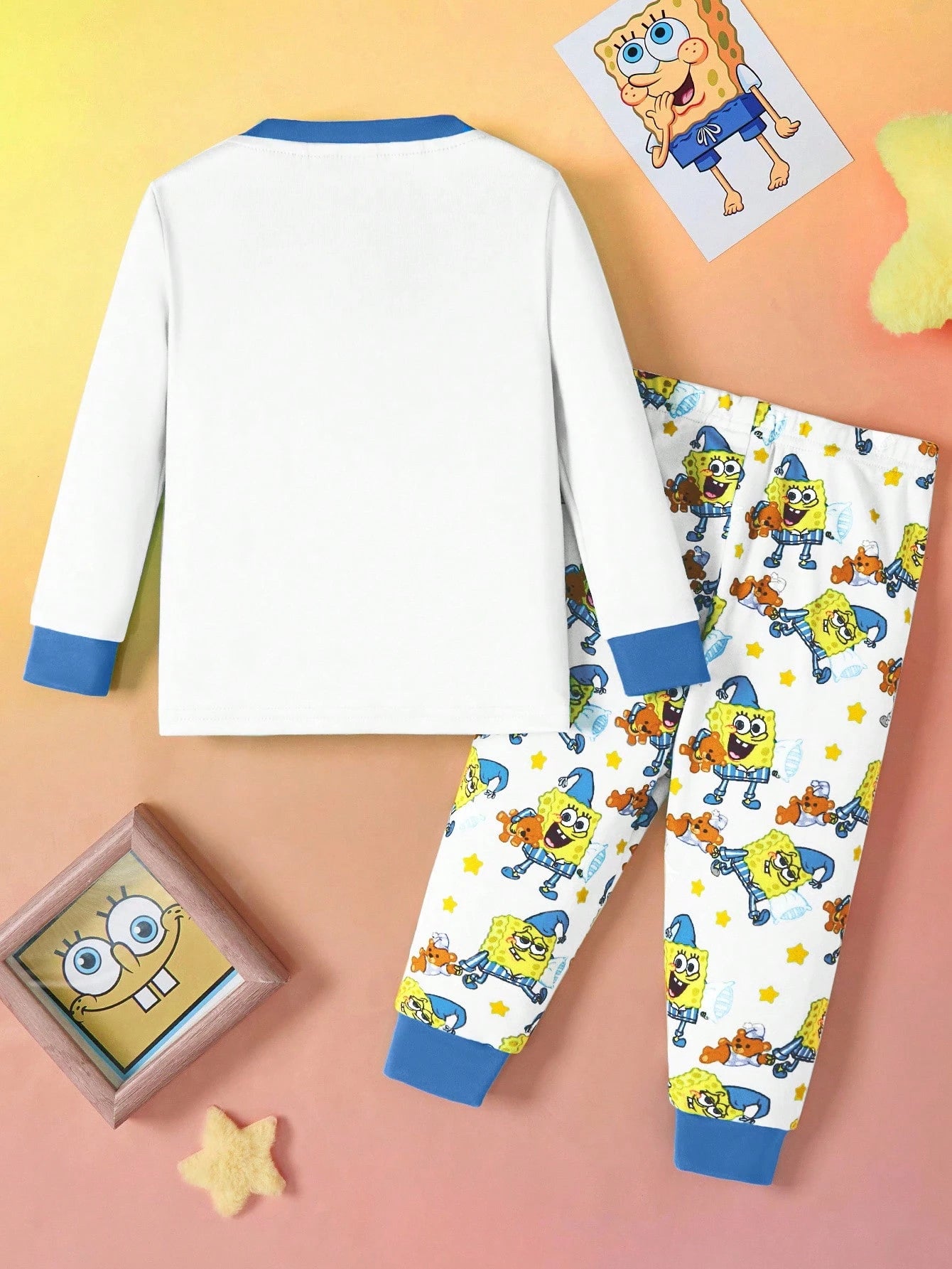 SpongeBob SquarePants| 2pcs Baby Boy Cartoon Pattern Crew Neck Long Sleeve Top And Pants Knit Comfortable Casual Stretchy Pajama Set