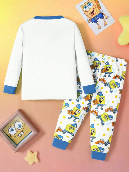 SpongeBob SquarePants| 2pcs Baby Boy Cartoon Pattern Crew Neck Long Sleeve Top And Pants Knit Comfortable Casual Stretchy Pajama Set
