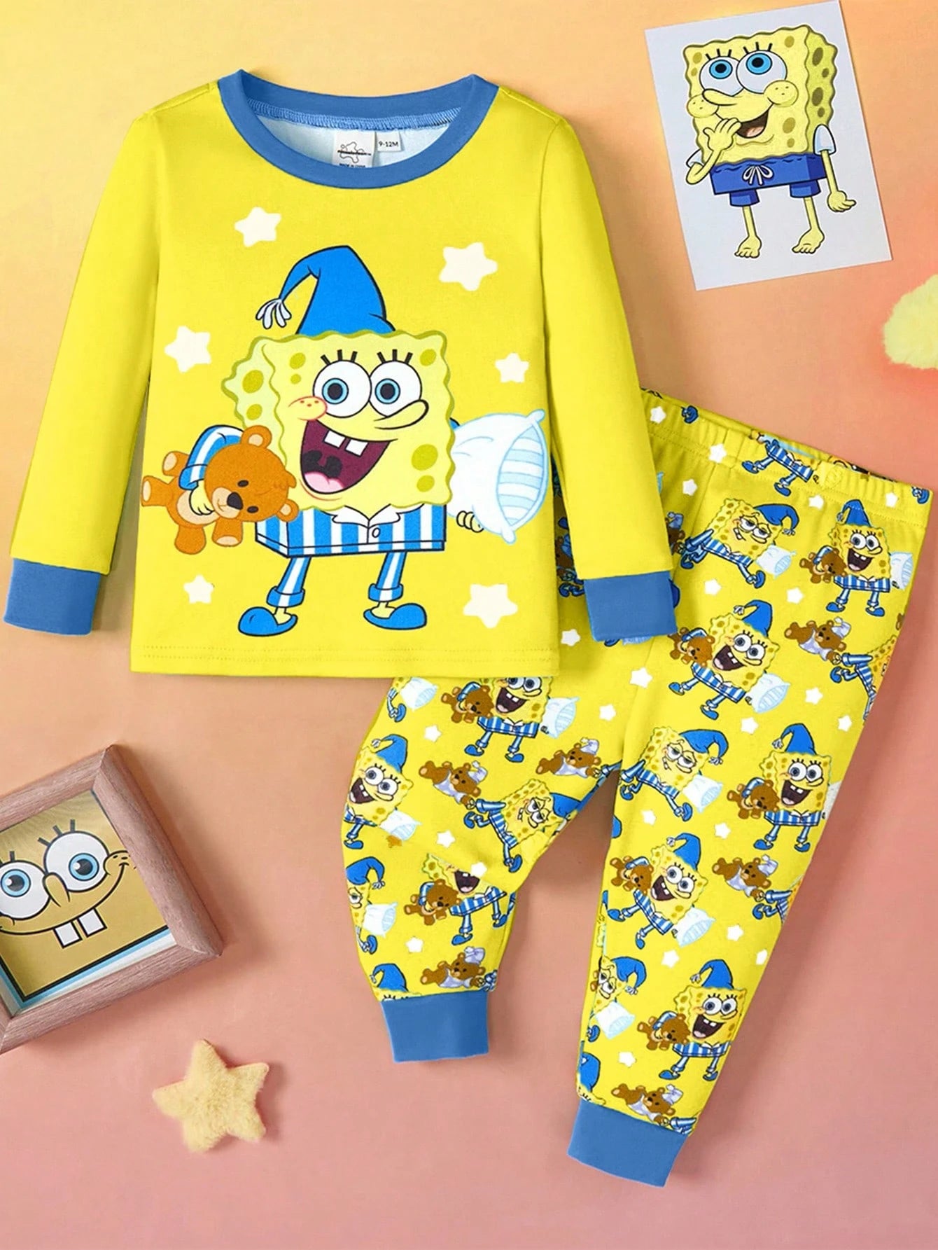 SpongeBob SquarePants| 2pcs Baby Boy Cartoon Pattern Crew Neck Long Sleeve Top And Pants Knit Comfortable Stretchy Snug Fit Pajama Set