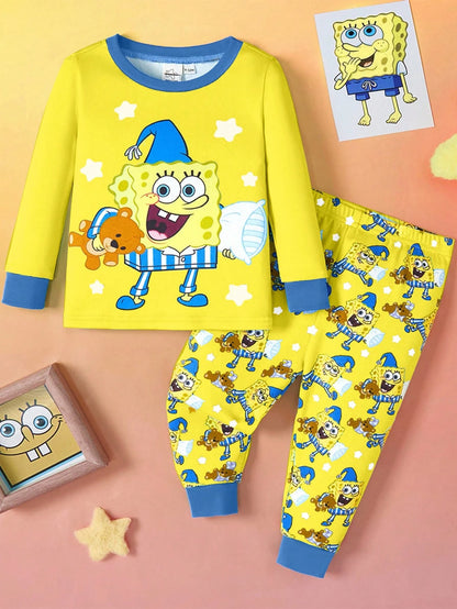 SpongeBob SquarePants| 2pcs Baby Boy Cartoon Pattern Crew Neck Long Sleeve Top And Pants Knit Comfortable Stretchy Snug Fit Pajama Set