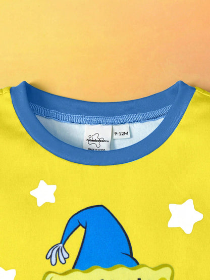 SpongeBob SquarePants| 2pcs Baby Boy Cartoon Pattern Crew Neck Long Sleeve Top And Pants Knit Comfortable Stretchy Snug Fit Pajama Set