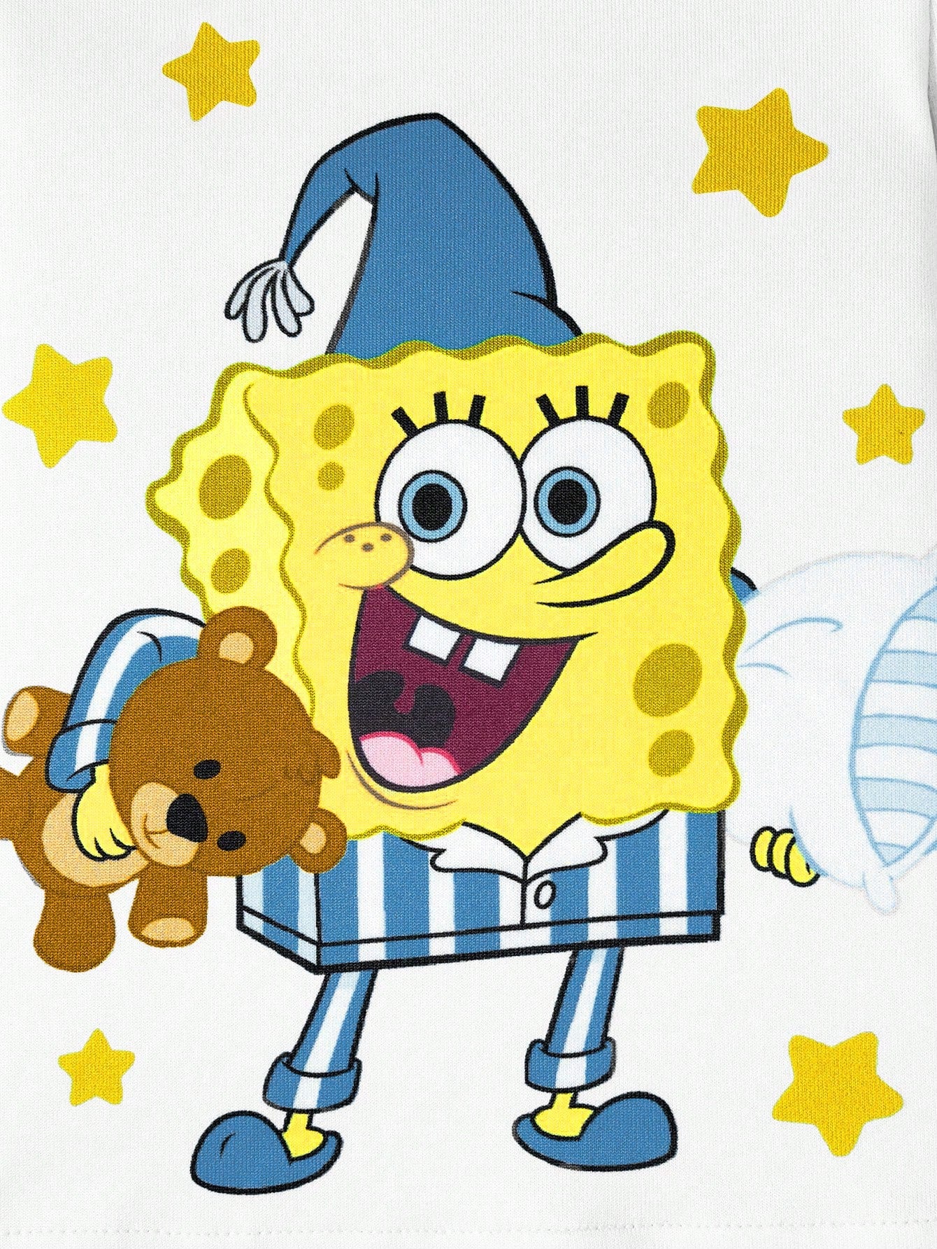 SpongeBob SquarePants| 2pcs Baby Boy Cartoon Pattern Crew Neck Long Sleeve Top And Pants Knit Comfortable Casual Stretchy Pajama Set