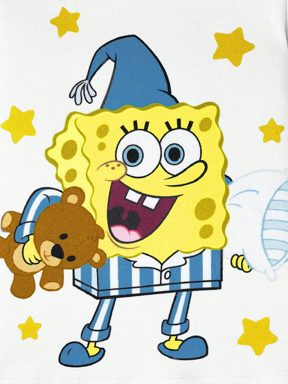 SpongeBob SquarePants| 2pcs Baby Boy Cartoon Pattern Crew Neck Long Sleeve Top And Pants Knit Comfortable Casual Stretchy Pajama Set