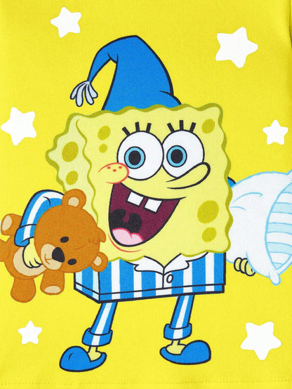 SpongeBob SquarePants| 2pcs Baby Boy Cartoon Pattern Crew Neck Long Sleeve Top And Pants Knit Comfortable Stretchy Snug Fit Pajama Set