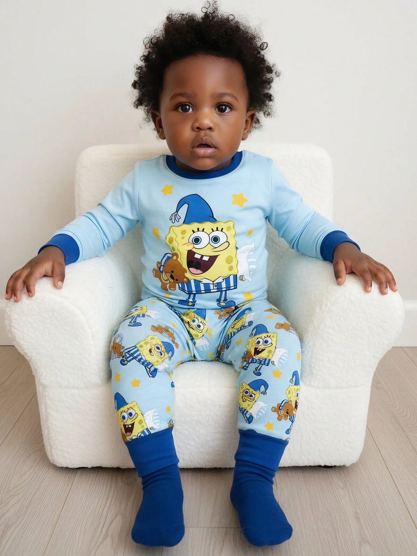 SpongeBob SquarePants| 2pcs Baby Boy Cartoon Pattern Crew Neck Long Sleeve Top And Pants Knit Comfortable Casual Stretchy Pajama Set