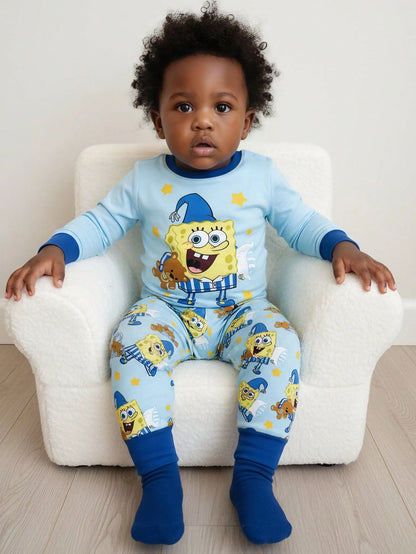 SpongeBob SquarePants| 2pcs Baby Boy Cartoon Pattern Crew Neck Long Sleeve Top And Pants Knit Comfortable Casual Stretchy Pajama Set