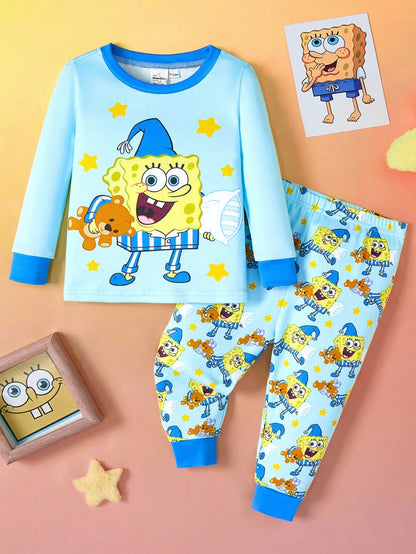SpongeBob SquarePants| 2pcs Baby Boy Cartoon Pattern Crew Neck Long Sleeve Top And Pants Knit Comfortable Casual Stretchy Pajama Set