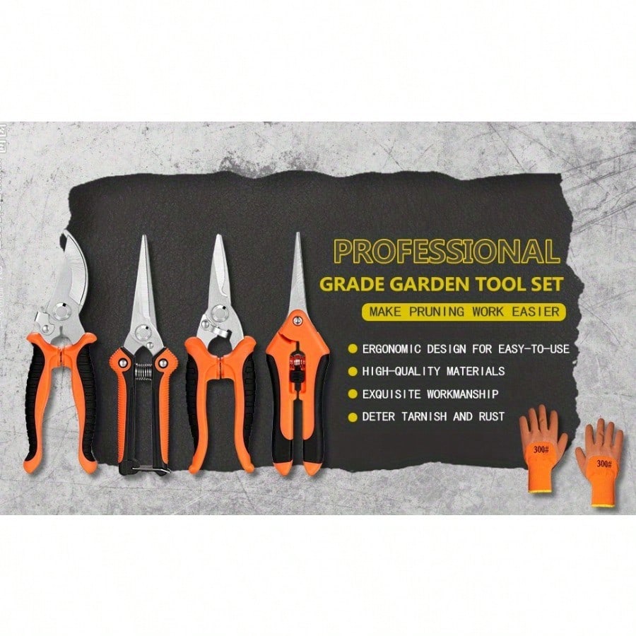 Spring Gardening Essentials: 5-Piece Tool Kit With Orange Ergonomic Handles For Joyful Planting, Pruning, And Outdoor Garden Care