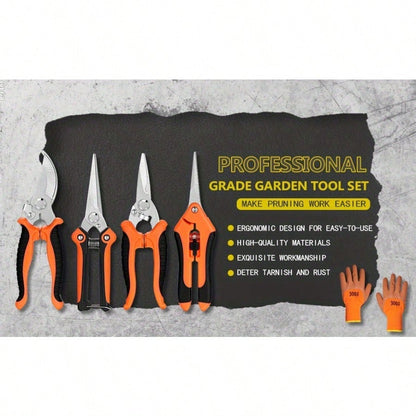 Spring Gardening Essentials: 5-Piece Tool Kit With Orange Ergonomic Handles For Joyful Planting, Pruning, And Outdoor Garden Care