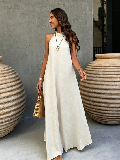 Spring/Summer Apricot Backless A-Line Dress, Bohemian Style Beach Vacation Casual Wear Elegant