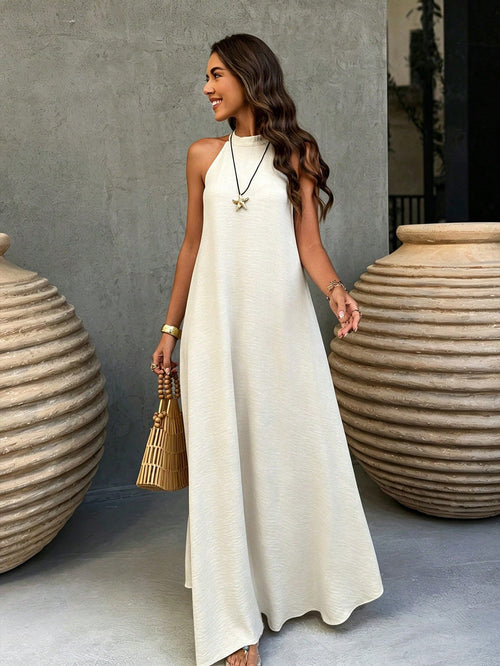 Spring/Summer Apricot Backless A-Line Dress, Bohemian Style Beach Vacation Casual Wear Elegant