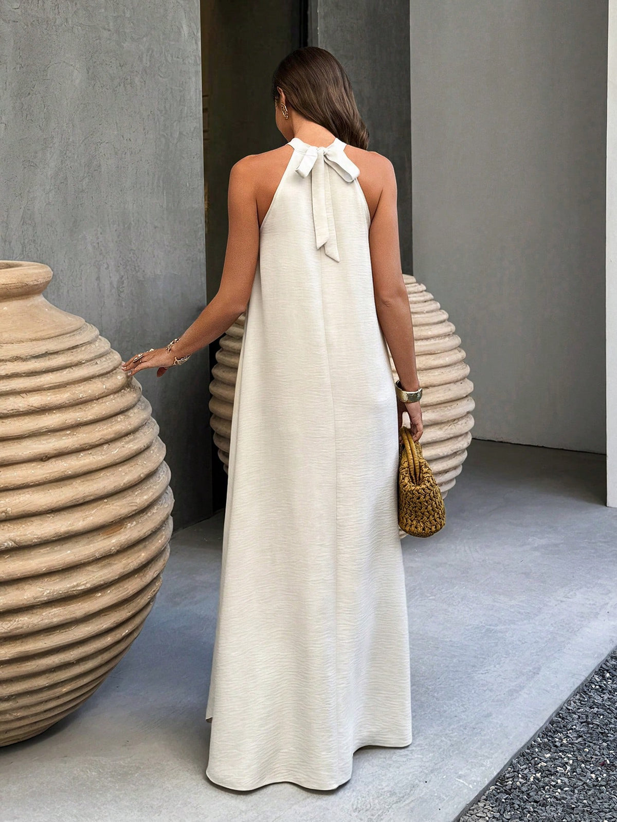 Spring/Summer Apricot Backless A-Line Dress, Bohemian Style Beach Vacation Casual Wear Elegant