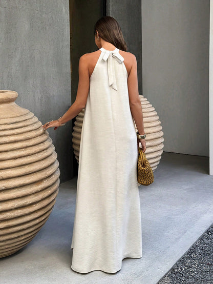 Spring/Summer Apricot Backless A-Line Dress, Bohemian Style Beach Vacation Casual Wear Elegant
