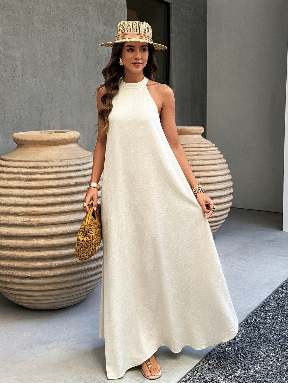 Spring/Summer Apricot Backless A-Line Dress, Bohemian Style Beach Vacation Casual Wear Elegant