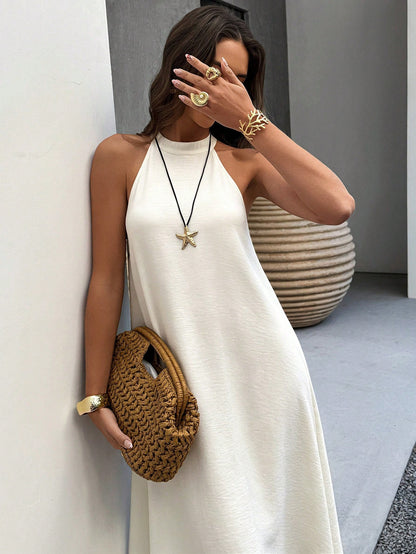 Spring/Summer Apricot Backless A-Line Dress, Bohemian Style Beach Vacation Casual Wear Elegant