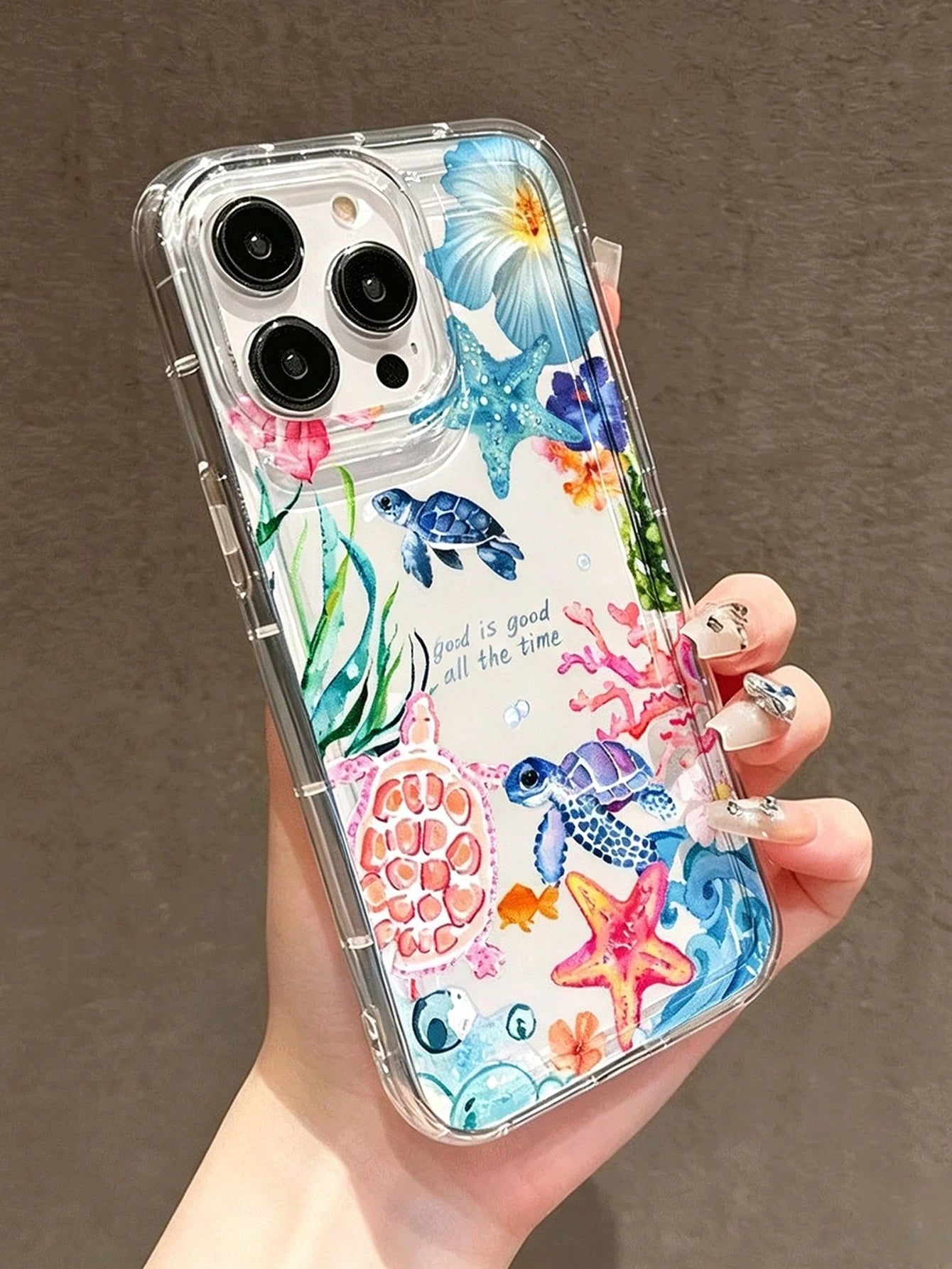 Spring/Summer Watercolor Ocean Sea Turtle Starfish Hibiscus Transparent Anti-Drop Phone Case, Fresh Vacation Vibe Daily Versatile For Women, Compatible With Apple 17/17 Pro/17 Pro Max/16/16 Pro/16 Plu