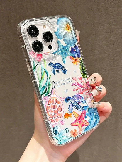 Spring/Summer Watercolor Ocean Sea Turtle Starfish Hibiscus Transparent Anti-Drop Phone Case, Fresh Vacation Vibe Daily Versatile For Women, Compatible With Apple 17/17 Pro/17 Pro Max/16/16 Pro/16 Plu