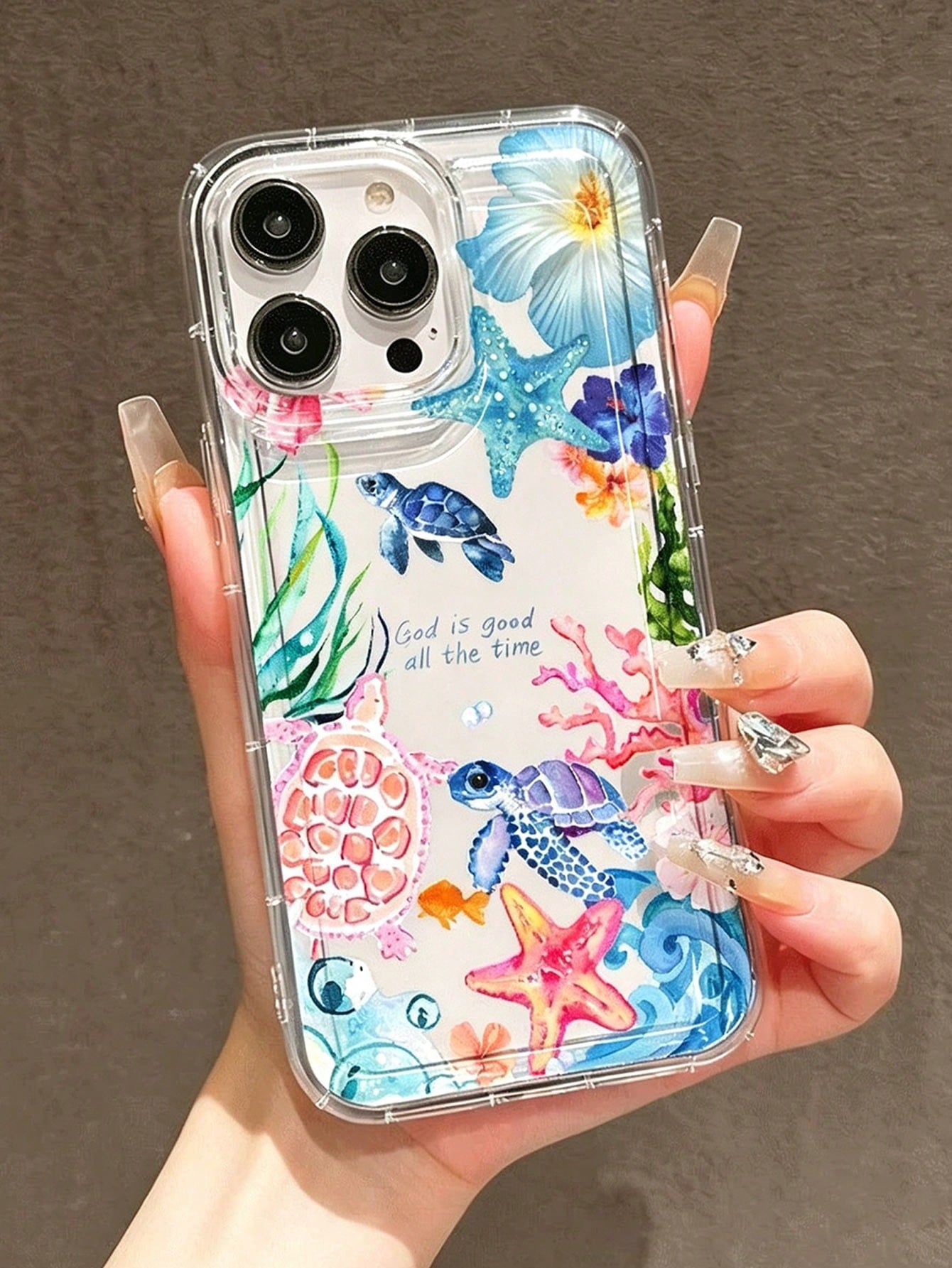 Spring/Summer Watercolor Ocean Sea Turtle Starfish Hibiscus Transparent Anti-Drop Phone Case, Fresh Vacation Vibe Daily Versatile For Women, Compatible With Apple 17/17 Pro/17 Pro Max/16/16 Pro/16 Plu