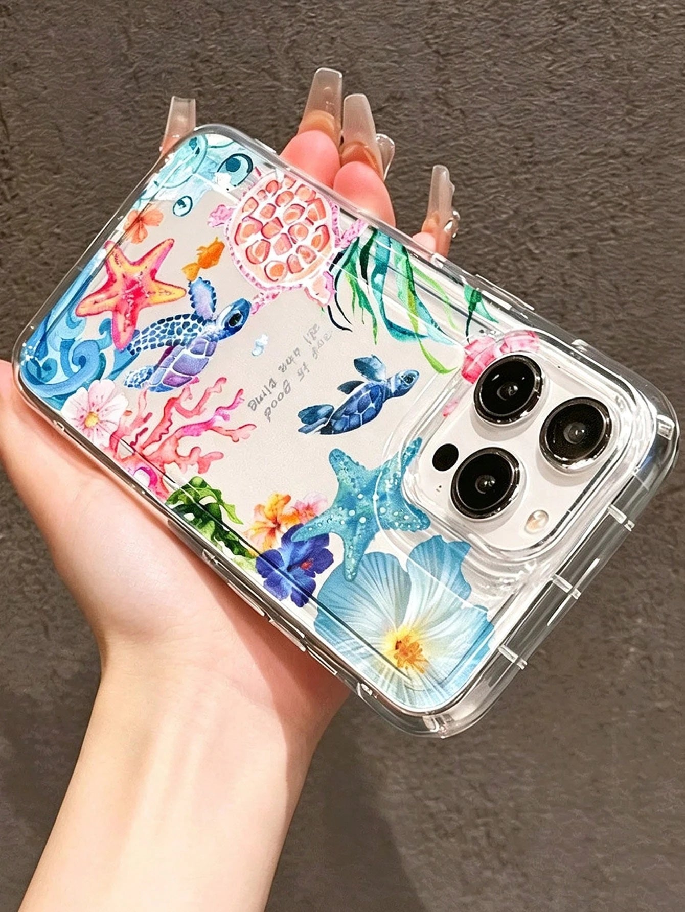 Spring/Summer Watercolor Ocean Sea Turtle Starfish Hibiscus Transparent Anti-Drop Phone Case, Fresh Vacation Vibe Daily Versatile For Women, Compatible With Apple 17/17 Pro/17 Pro Max/16/16 Pro/16 Plu