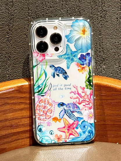Spring/Summer Watercolor Ocean Sea Turtle Starfish Hibiscus Transparent Anti-Drop Phone Case, Fresh Vacation Vibe Daily Versatile For Women, Compatible With Apple 17/17 Pro/17 Pro Max/16/16 Pro/16 Plu