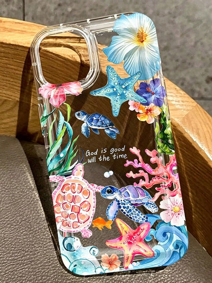 Spring/Summer Watercolor Ocean Sea Turtle Starfish Hibiscus Transparent Anti-Drop Phone Case, Fresh Vacation Vibe Daily Versatile For Women, Compatible With Apple 17/17 Pro/17 Pro Max/16/16 Pro/16 Plu
