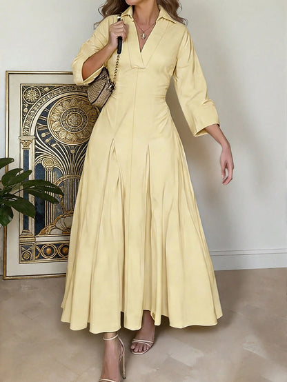Spring/Summer Women's Elegant V-Neck Long Dress- Long Sleeve Flare Hem Fashion Dress, Lapel Design, Suitable For Business Casual Occasions, Teacher Outfit, For Her