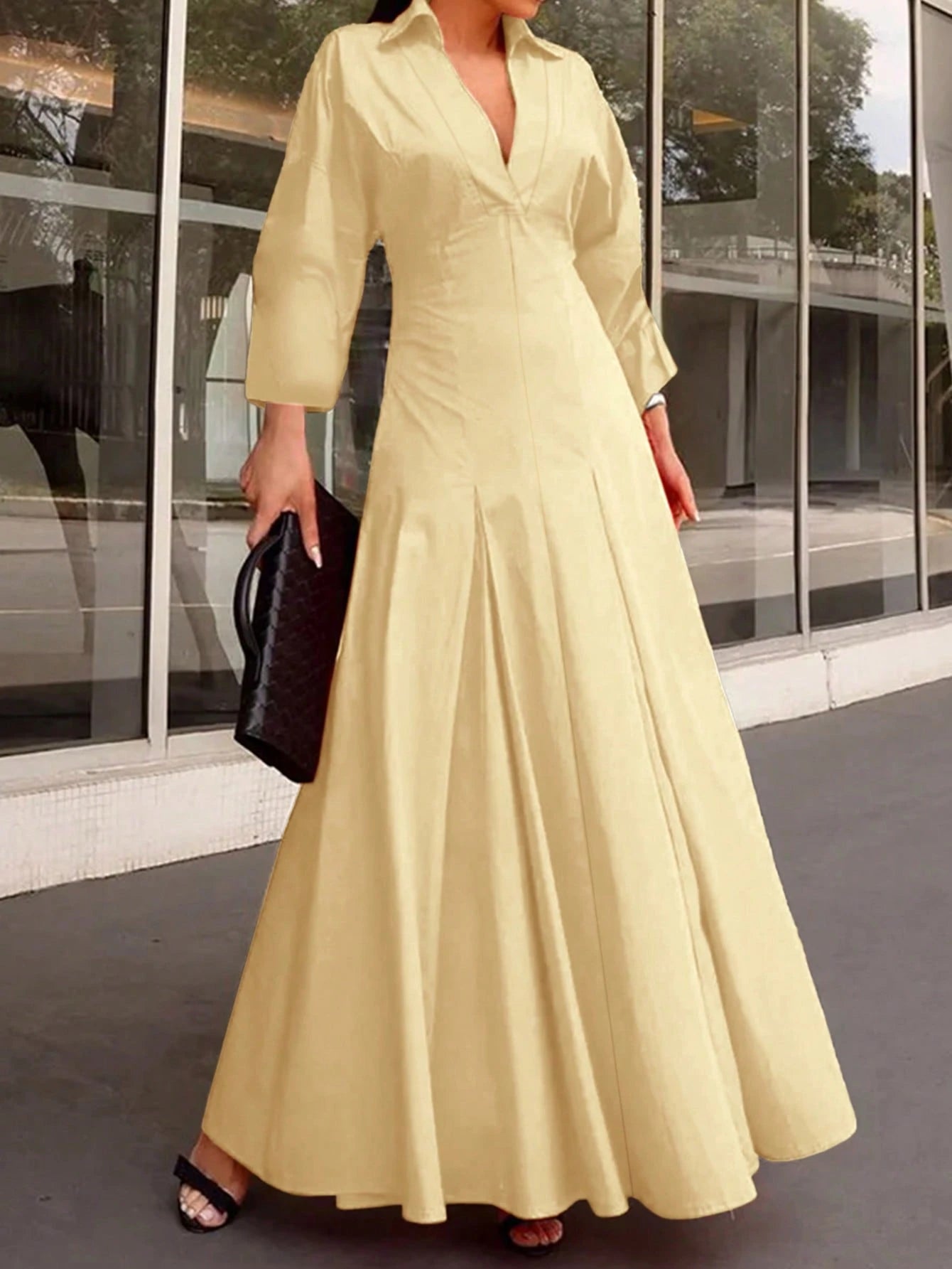 Spring/Summer Women's Elegant V-Neck Long Dress- Long Sleeve Flare Hem Fashion Dress, Lapel Design, Suitable For Business Casual Occasions, Teacher Outfit, For Her