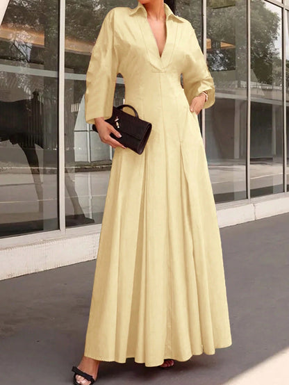 Spring/Summer Women's Elegant V-Neck Long Dress- Long Sleeve Flare Hem Fashion Dress, Lapel Design, Suitable For Business Casual Occasions, Teacher Outfit, For Her