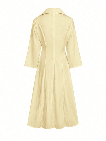 Spring/Summer Women's Elegant V-Neck Long Dress- Long Sleeve Flare Hem Fashion Dress, Lapel Design, Suitable For Business Casual Occasions, Teacher Outfit, For Her